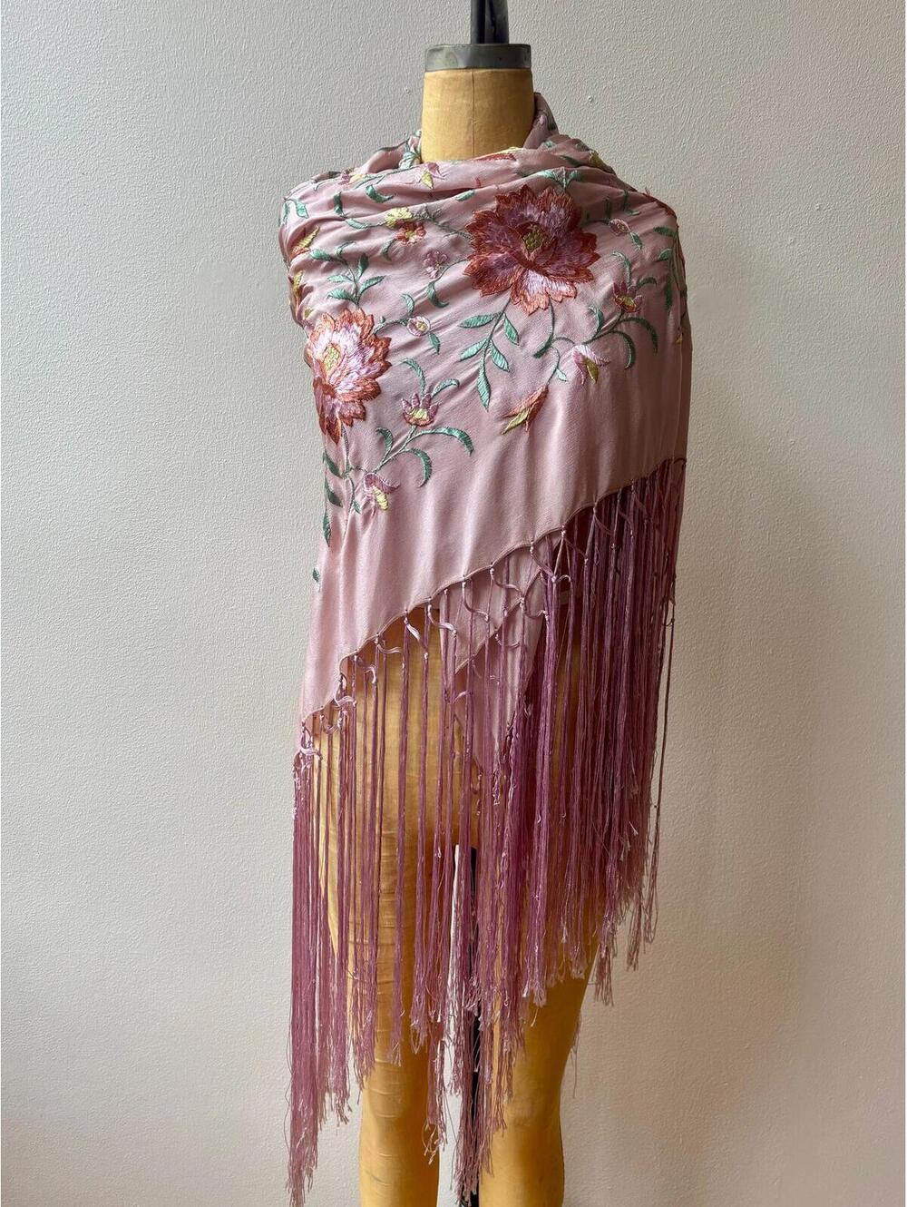Antique 1920s/30s Pink Embroidered Silk Piano Shawl